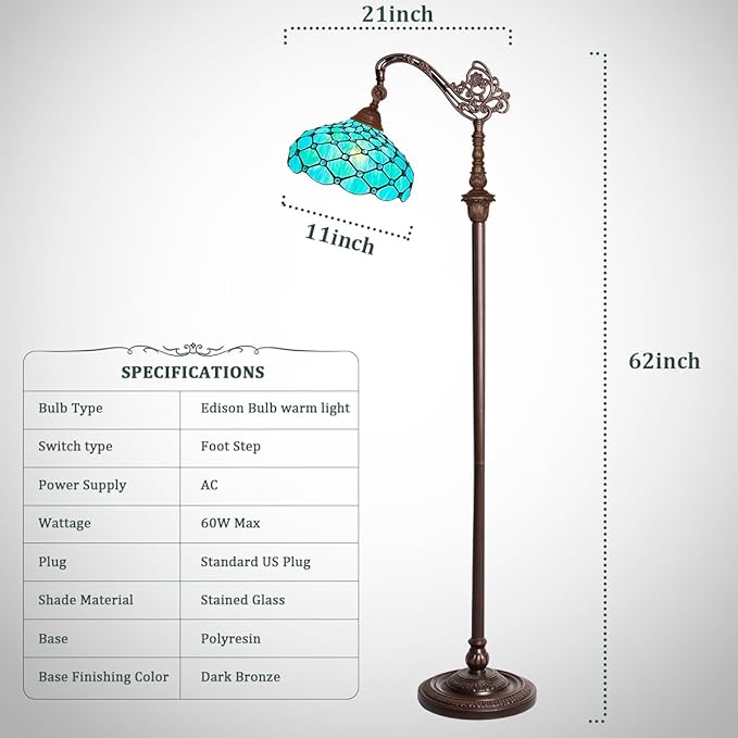 Capulina Tiffany Floor Lamp 62 Inches Tall Seagrass Blue Beads Style Stained Glass Soft Light Arched Gooseneck Adjustable Angle Reading Lamp for Living Room Bedroom Home Office - LeafyLoom