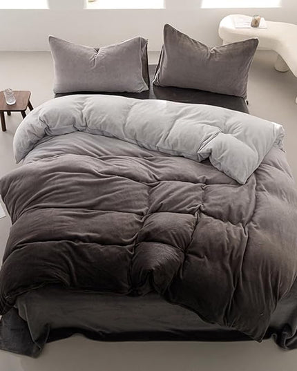 Wellboo Grey Gradient Comforter Sets Queen Silver Grey Velvet Bedding Comforters Modern Plain White and Dark Grey Flannel Quilts Farmhouse Abstract Art Gray Comforters Micromink Sherpa Fuzzy Plush Bed - LeafyLoom