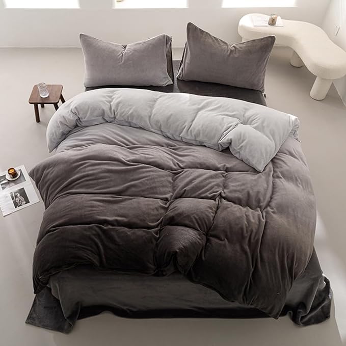 Wellboo Grey Gradient Comforter Sets Queen Silver Grey Velvet Bedding Comforters Modern Plain White and Dark Grey Flannel Quilts Farmhouse Abstract Art Gray Comforters Micromink Sherpa Fuzzy Plush Bed - LeafyLoom
