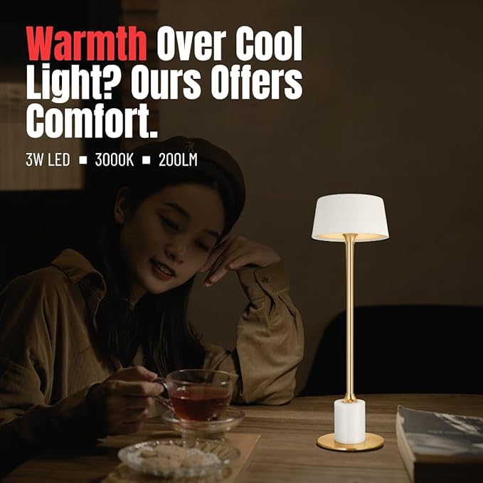 Cordless Table Lamp,Rechargeable and Battery Operated, Powered by 4000mAh Battery, 42-Hour Run Time, 3 Level Dimmable, White and Gold Lamp for Bedrooms, Restaurant, Buffet, Patio - LeafyLoom