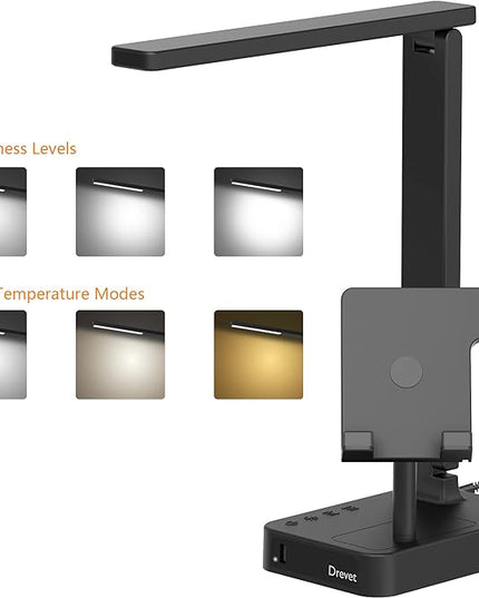 Drevet 3 in 1 LED Desk Table Lamp with Cell Phone Holder and Apple Watch Charger Stand, Eye-Caring Foldable Desk Light with USB Charging Port, 3 Level Brightness, Memory Function, Touch Control, Black - LeafyLoom