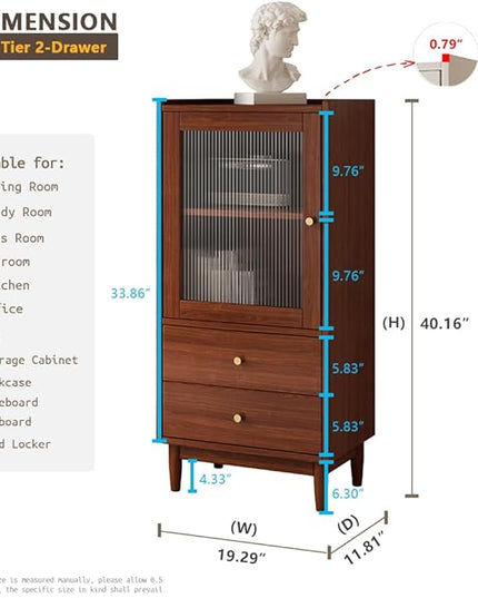 Wooden Glass Door Bookcase - 2-Tier Cube Bookshelf Storage Cabinet with Double Drawer and Adjustable Shelf, Solid Wood Legs Cupboard in Dark Walnut - LeafyLoom