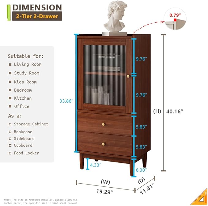 Wooden Glass Door Bookcase - 2-Tier Cube Bookshelf Storage Cabinet with Double Drawer and Adjustable Shelf, Solid Wood Legs Cupboard in Dark Walnut - LeafyLoom