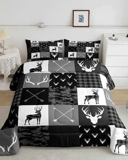 Deer Silhouette Comforter Set Queen Size,Camo Western Rustic Farmhouse Xmas Bedding Set 3pcs for Kids Teens Home Room Decor,Antlers Arrow Geometric Quilt Set,Black Grey Duvet Insert,2 Pillowcases - LeafyLoom