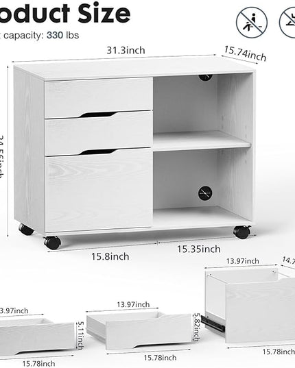 OLIXIS 3 Drawer File Cabinet Lateral Printer Stand with Adjustable Storage Shelves for Home Office Small Space, White - LeafyLoom