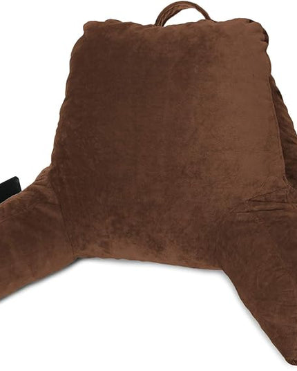 Clara Clark Reading Pillow for Kids, Small Back Pillow for Sitting Up in Bed, Memory Foam Back Support Pillow, Reading Pillows for Sitting in Bed, Chocolate Brown Gaming Pillow with Arms and Pockets - LeafyLoom