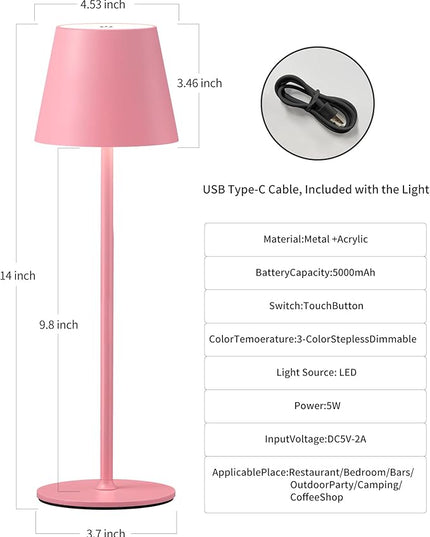 Cordless Rechargeable Table Lamp Set of 2, 5000mAh Battery Powered LED Desk Lamps, 3 Color Stepless Dimming Up, Portable Table Light Lamp for Bedroom Restaurant Outdoor (Pink) - LeafyLoom