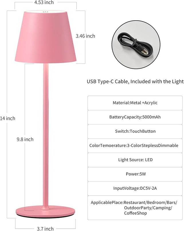 Cordless Rechargeable Table Lamp Set of 2, 5000mAh Battery Powered LED Desk Lamps, 3 Color Stepless Dimming Up, Portable Table Light Lamp for Bedroom Restaurant Outdoor (Pink) - LeafyLoom
