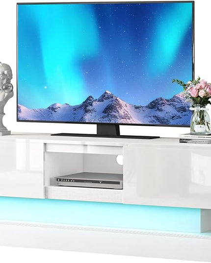 White TV Stand Modern - TV Stands with Led Lights and Storage Drawers for TVs up to 55 Inch - Gaming TV Entertainment Stand for Living Room, Bedroom - LeafyLoom