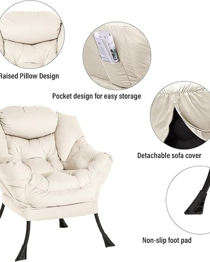 Welnow Lazy Chair with Ottoman, Modern Lounge Accent Armrests and a Side Pocket, Leisure Upholstered Sofa Set, Reading Footrest for Small Space, Corner Chair, Beige - LeafyLoom