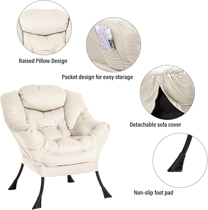Welnow Lazy Chair with Ottoman, Modern Lounge Accent Armrests and a Side Pocket, Leisure Upholstered Sofa Set, Reading Footrest for Small Space, Corner Chair, Beige - LeafyLoom