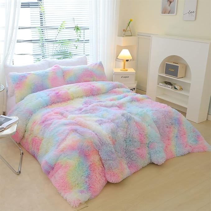 Faux Fur Kids Girls Cow Print Comforter Sets Twin/Full - 3PC Bed Set Warm Comfortable Soft Plush Flannel Velvet Fluffy Fuzzy Bedding（Comforter x 1 Pillowcases x 2） - LeafyLoom