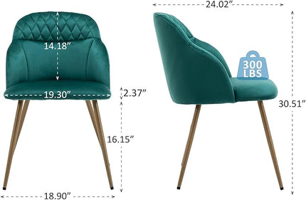 Velvet Dining Chairs Sets of 2, Modern Upholstered Accent Side Chairs with Arm Gold Metal Legs for Kitchen Living Bed Room, Green - LeafyLoom