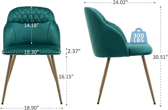 Velvet Dining Chairs Sets of 2, Modern Upholstered Accent Side Chairs with Arm Gold Metal Legs for Kitchen Living Bed Room, Green - LeafyLoom