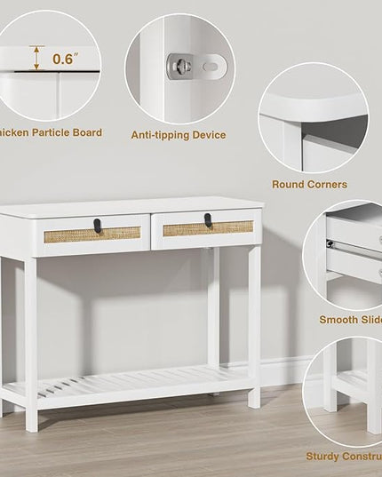 Knowlife Rattan Console Table with Drawers, Entryway Table Sofa Table with Storage Shelf, Narrow Long Behind Couch Table for Entryway, Living Room, Hallway, White - LeafyLoom