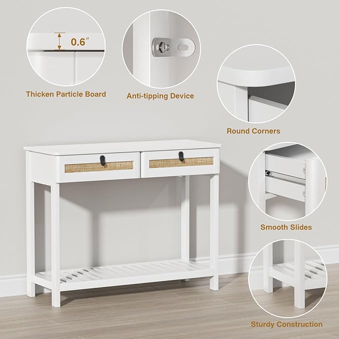 Knowlife Rattan Console Table with Drawers, Entryway Table Sofa Table with Storage Shelf, Narrow Long Behind Couch Table for Entryway, Living Room, Hallway, White - LeafyLoom