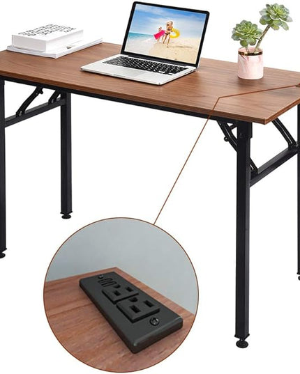 Frylr Folding Computer Desk with Plugs & USB Ports, Home Office Desks Foldable 43.3x19.6x29.5 Inch Study Table for Student Writing Desk for PC/Laptop, No Installation, Walnut + Black Leg - LeafyLoom