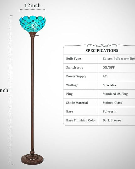 Capulina Tiffany Torchiere Floor Lamp 69 Inches Tall Industrial Pole Seagrass Blue Beads Style Stained Glass Standing Light for Home Office Living Room Bedroom - LeafyLoom