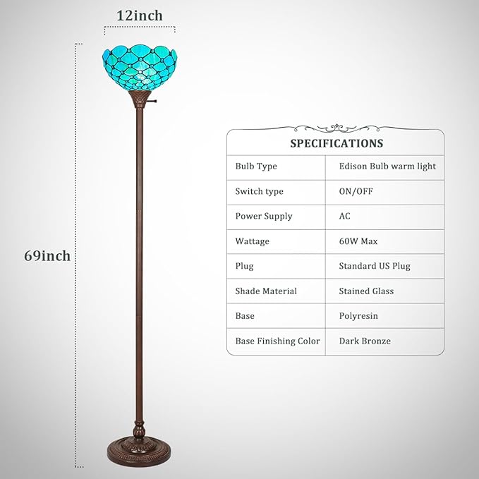 Capulina Tiffany Torchiere Floor Lamp 69 Inches Tall Industrial Pole Seagrass Blue Beads Style Stained Glass Standing Light for Home Office Living Room Bedroom - LeafyLoom