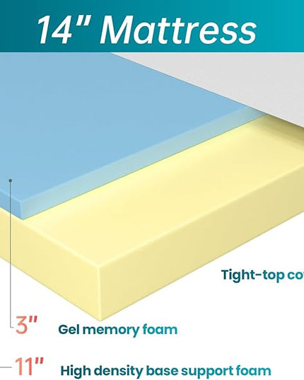 FDW 14 inch Gel Memory Foam Mattress Medium Firm Mattresses for Cool Sleep Relieving No Fiberglass CertiPUR-US Certified Mattress in a Box,Twin - LeafyLoom