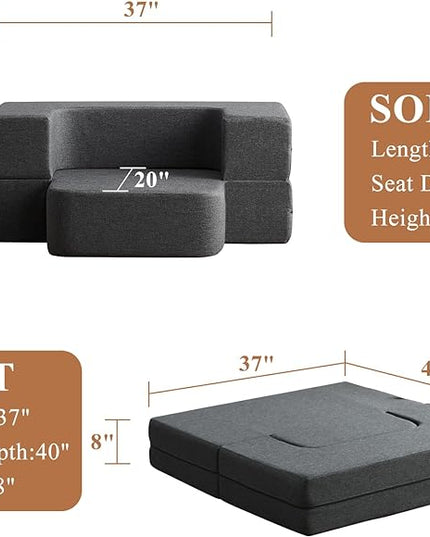 Convertible Folding Sofa - Modern Linen Fabric Coffee Table, Foldable Floor & Futon Couch, with Pillow for Living Room/Dorm/Guest Room/Home Office/Apartment,Single (2 in 1),Dark Gray - LeafyLoom