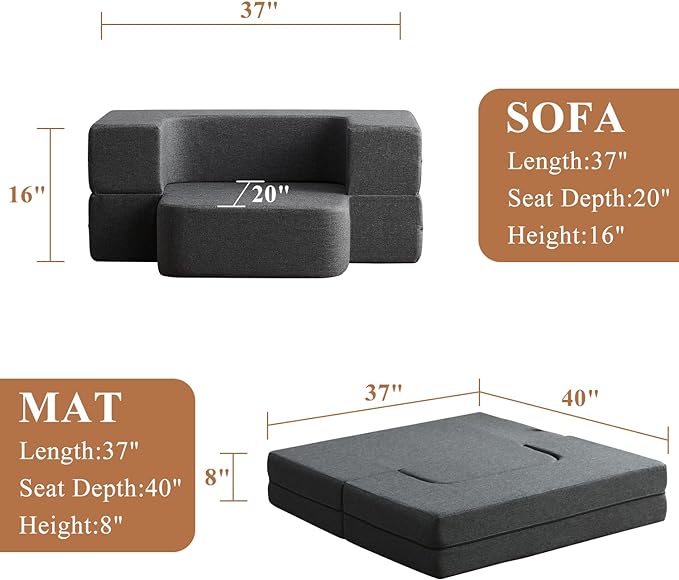 Convertible Folding Sofa - Modern Linen Fabric Coffee Table, Foldable Floor & Futon Couch, with Pillow for Living Room/Dorm/Guest Room/Home Office/Apartment,Single (2 in 1),Dark Gray - LeafyLoom