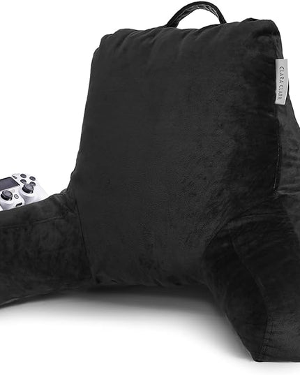Clara Clark Reading Pillow, Standard Back Pillow for Sitting Up in Bed, Memory Foam Back Support Pillow, Reading Pillows for Sitting in Bed, Black Sit Up Pillow for Bed Chair Arm Pillow with Pockets - LeafyLoom