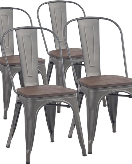 YOUNIKE Metal Dining Chairs Set of 4 Iron Stackable Removable Back Wood Seat Patio Chairs Rubber Feet Stylish Modern Indoor Outdoor Classic Chic Industrial Vintage Bistro Kitchen Rusty Grey - LeafyLoom