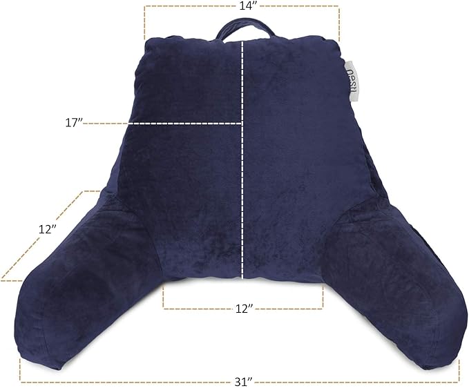 Nestl Reading Pillow with Portable Laptop Lap Desk, Velvet Feel Back Pillow for Sitting in Bed, Shredded Memory Foam Back Support Pillow for Bed, Bed Rest Pillow with Arms, Standard - Navy - LeafyLoom