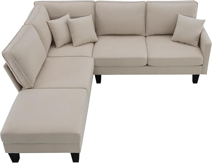 90" Modern L-Shape Sectional Sofa with Chaise Lounge,5-Seat Practical Couch Set W/ 3 Pillows,7''Leg Height,Minimalist Style,Indoor Furniture for Living Room Apartment Office,Beige Terrycloth - LeafyLoom