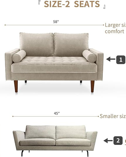 Velvet Furniture for Small Spaces, Mid-Century Modern Loveseats for Living Room, Love Seat Couch Sofas, 58 Inches, Beige - LeafyLoom