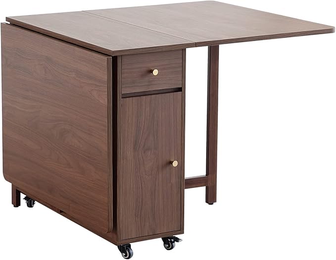 Extendable Drop Leaf Foldable Dining Table with 2 Drawers and 4 Wheels for Living Room Kitchen Farmhouse Space Saving Table in Walnut - LeafyLoom