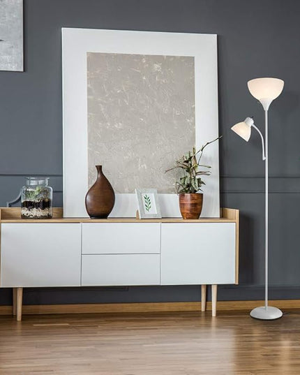 Globe Electric 67136 72" Torchiere Floor Lamp + Adjustable Reading Light, Matte White, Frosted Plastic Shade, 3-Step Rotary Switch on Socket, Living Room Décor, Reading Light, Home Essentials - LeafyLoom