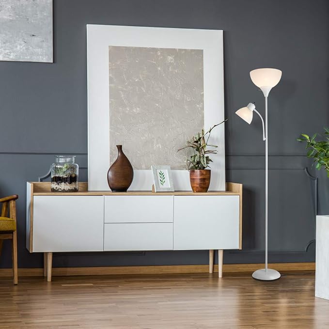 Globe Electric 67136 72" Torchiere Floor Lamp + Adjustable Reading Light, Matte White, Frosted Plastic Shade, 3-Step Rotary Switch on Socket, Living Room Décor, Reading Light, Home Essentials - LeafyLoom