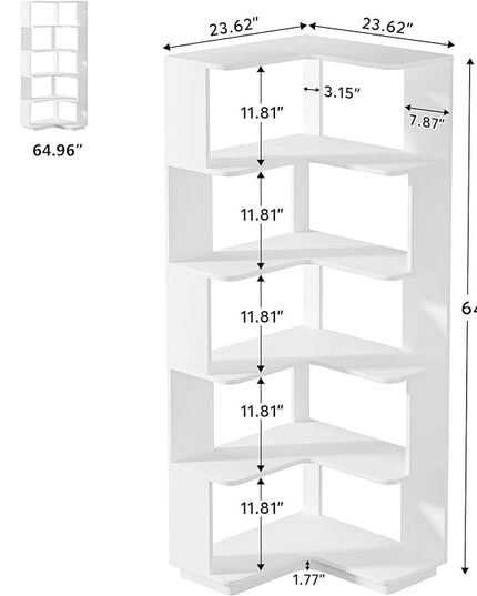 Corner Bookshelf, 64.9 Inch Tall Bookcase with Anti-Drop Panel, Modern Freestanding Corner Shelf Display Rack Storage Organizer for Home Office, Living Room, White - LeafyLoom