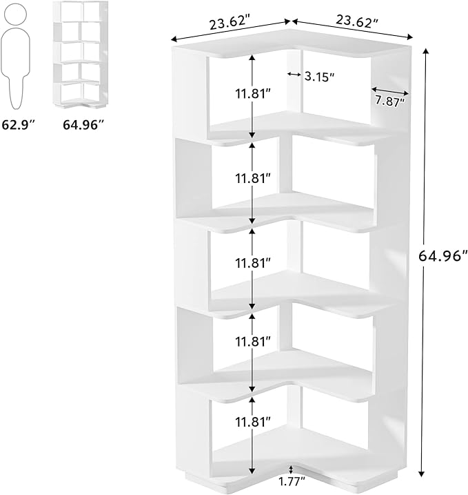 Corner Bookshelf, 64.9 Inch Tall Bookcase with Anti-Drop Panel, Modern Freestanding Corner Shelf Display Rack Storage Organizer for Home Office, Living Room, White - LeafyLoom