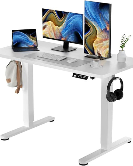 White Standing Desk, 48 X 24 Inch Adjustable Height Electric Desk, Sit Stand Desk with Splice Board and 2 Hooks, Ergonomic Rising Desk for Home Office - LeafyLoom