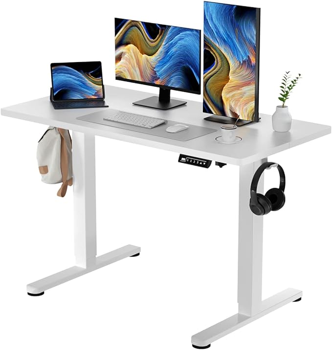 White Standing Desk, 48 X 24 Inch Adjustable Height Electric Desk, Sit Stand Desk with Splice Board and 2 Hooks, Ergonomic Rising Desk for Home Office - LeafyLoom
