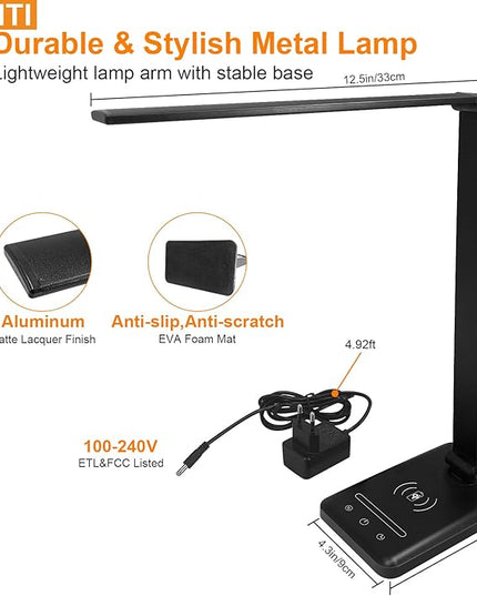 LED Desk Lamp with Wireless charging，Dimmable Desk Light, 5 Light Colors, 6 Brightness Levels, Touch Control Table Lamp with USB Rechargeable, Auto Timer, for College Dorm, Home, Office - LeafyLoom