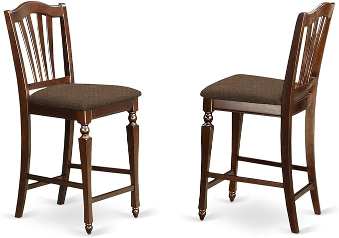 East West Furniture JACH3-MAH-C 3 Piece Counter Height Dining Set Contains a Round Dining Room Table with Pedestal and 2 Linen Fabric Upholstered Chairs, 36x36 Inch, Mahogany - LeafyLoom