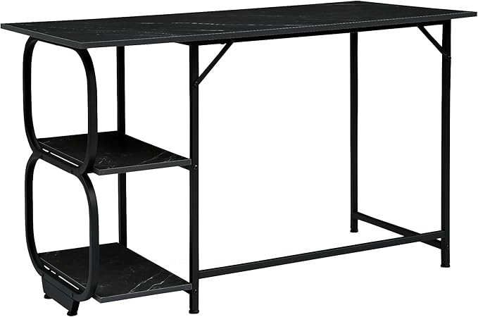 Black Marble 47inch Computer Desk Writing Workstation Home Office Table with 2-Tier Storage Shelves for Small Space - LeafyLoom