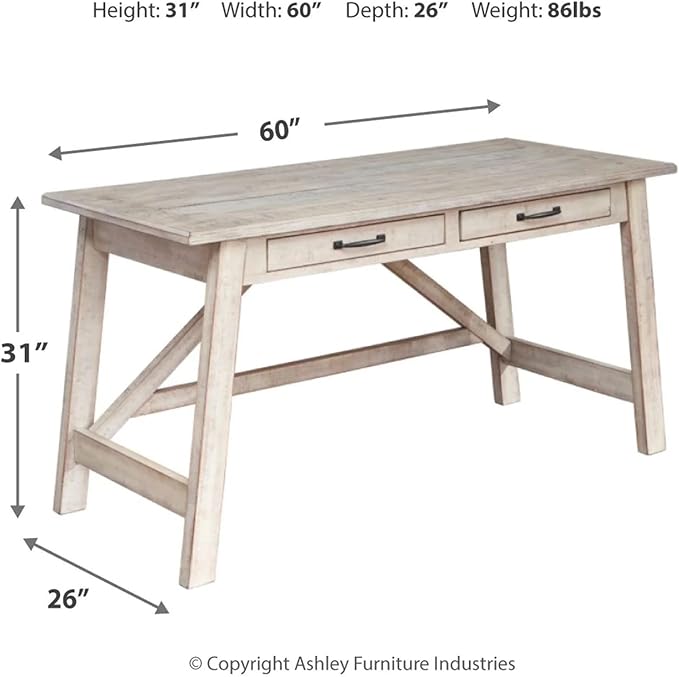 Signature Design by Ashley Carynhurst Farmhouse 60" Home Office Desk with Drawers, Distressed White - LeafyLoom
