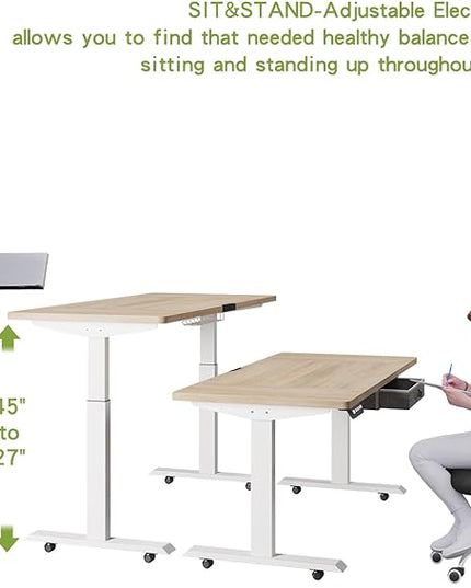 Radlove Dual Motors Height Adjustable 63 x 30'' Electric Standing Desk with Drawer Stand Up Table 4 Memory Keys, Computer Desk with Splice Board Home Office Desk, Oak Top + White Frame - LeafyLoom