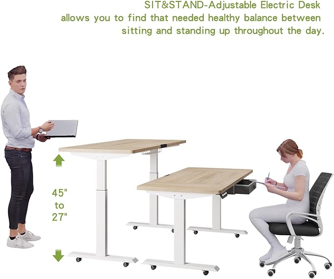 Radlove Dual Motors Height Adjustable 63 x 30'' Electric Standing Desk with Drawer Stand Up Table 4 Memory Keys, Computer Desk with Splice Board Home Office Desk, Oak Top + White Frame - LeafyLoom