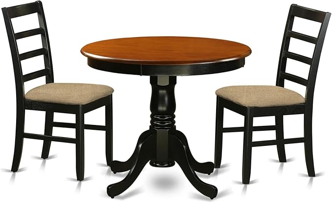 East West Furniture ANPF3-BLK-C 3 Piece Kitchen Set Contains a Round Dining Room Table with Pedestal and 2 Linen Fabric Upholstered Chairs, 36x36 Inch - LeafyLoom