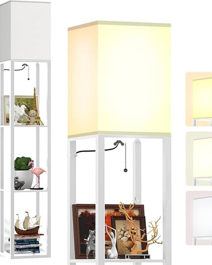 PAZZO Floor Lamp with Shelves by Solid Wood, Modern Shelf Floor Lamp with 3 Color Temperature, Linen Lampshade and Storage Shelves for Living Room, Bedroom, Bulb Included(White) - LeafyLoom