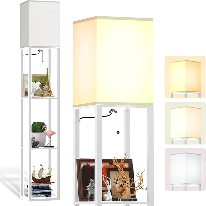 PAZZO Floor Lamp with Shelves by Solid Wood, Modern Shelf Floor Lamp with 3 Color Temperature, Linen Lampshade and Storage Shelves for Living Room, Bedroom, Bulb Included(White) - LeafyLoom