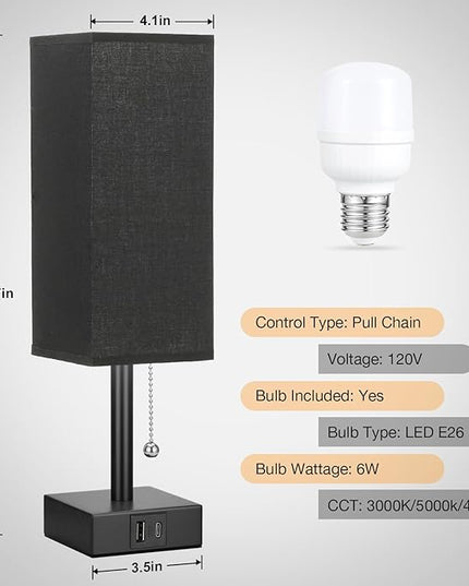 Black Small Table Lamp for Bedroom - 3 Color Temperature 3000K 5000K 4000K Bedside Lamp, Pull Chain Control, USB A and C Charging Ports, Black Base, for Kids Office Dorm Nightstand, Bulb Included - LeafyLoom