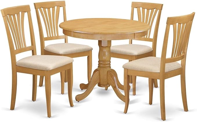 East West Furniture ANAV5-OAK-C 5 Piece Kitchen Set for 4 Includes a Round Table with Pedestal and 4 Linen Fabric Dining Room Chairs, 36x36 Inch - LeafyLoom
