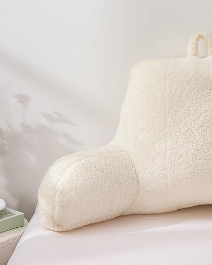 A Nice Night Sherpa Fleece Flannel Reading Pillow Bed Wedge Adult Backrest with Arms Back Support for Sitting Up in Bed/Couch,White,Large - LeafyLoom